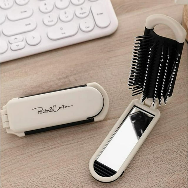 mtvxesu Brosse à Cheveux Pliable Portable avec Coussin Miroir et Poignée Rétractable Compacte pour Voyage et Sac à Main (1 Unité)