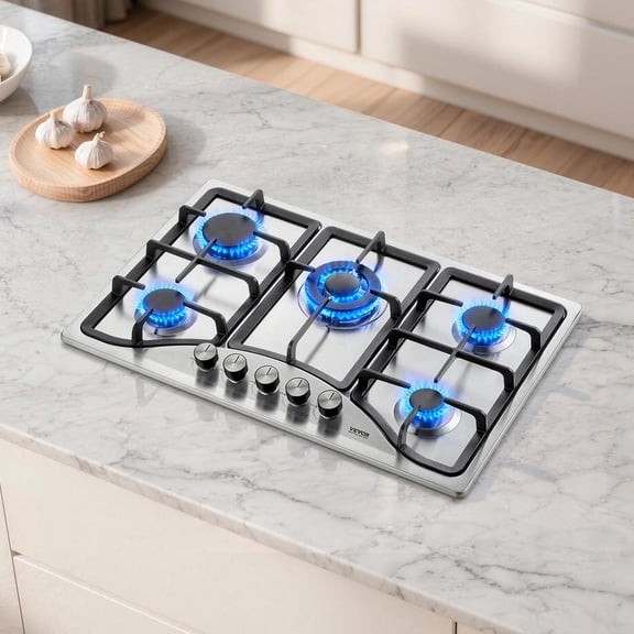 VEVOR 30-inch Gas Cooktop, 5 Burners Built-in Gas Stove Top, Max 12250BTU NG/LPG Convertible Stainless Steel Natural Gas Hob, with Thermocouple Protection for Camping, RV, Apartment