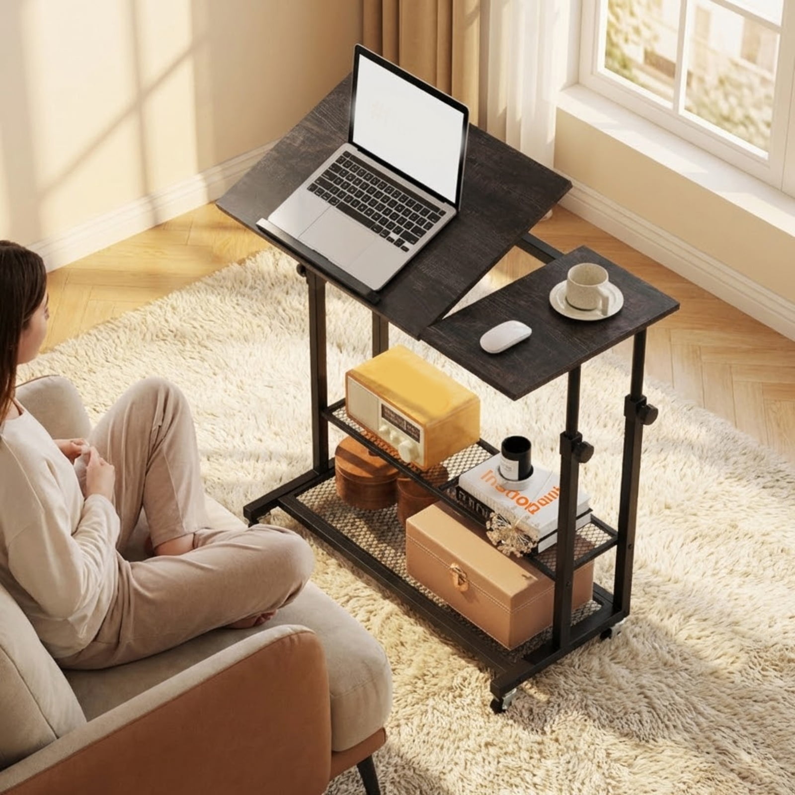 Furnibear Mobile Stand Up Desk Height Adjustable Standing Table with Tilting Tabletop and Storage Shelves, Oak
