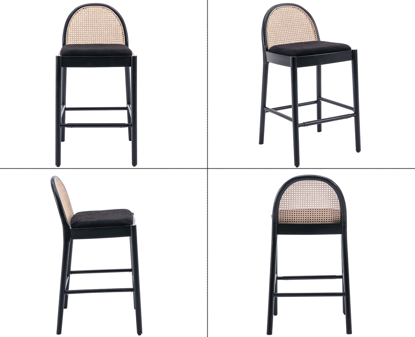 Guyou Modern Bar Stools Set of 2, 30" Counter Height Bar Stools with Natural Rattan Back and Solid Wood Frame, Sherpa Upholstered Kitchen Island Chairs for Bar Island Cafe Kitchen, Black