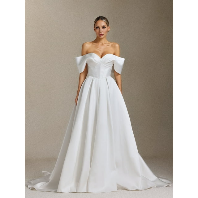 Vestido de novia Molia con hombros descubiertos y plisado hasta la cola