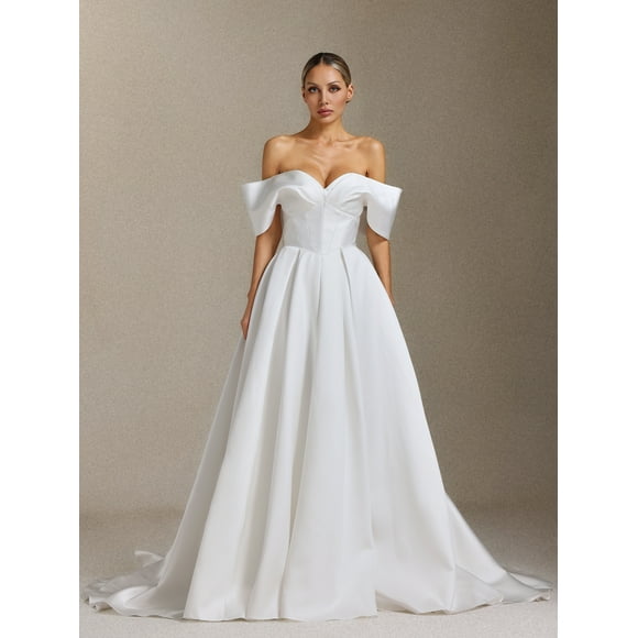 Vestido de novia Molia con hombros descubiertos y plisado hasta la cola