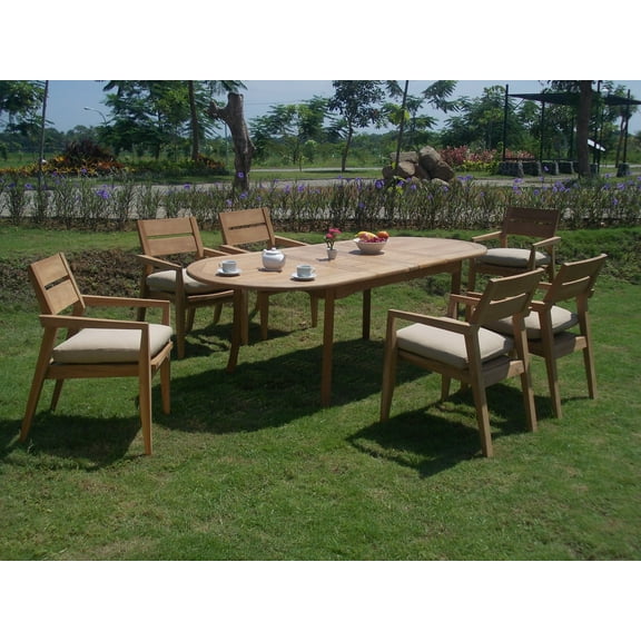Teak Dining Set:6 Seater 7 Pc - 94" Oval Table And 6 Vellore Stacking Arm Chairs Outdoor Patio Grade-A Teak Wood WholesaleTeak #WMDSVL9