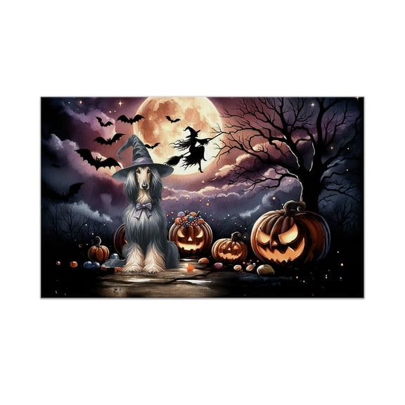 Spooky Halloween Night Witch Afghan Hound Glowing Pumpkins Doormat Dog Lover Indoor Outdoor Welcome Mat - 12015