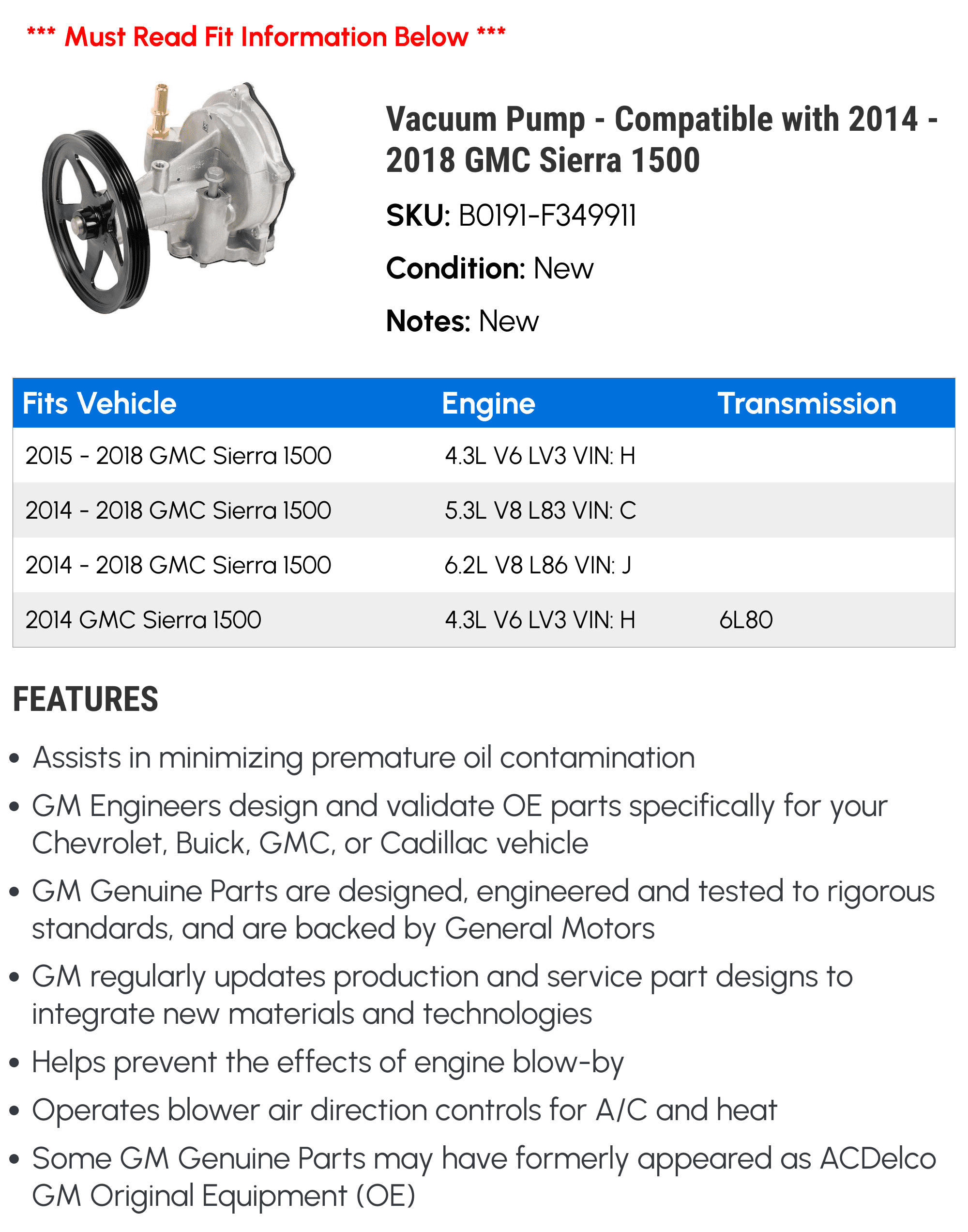 Vacuum Pump - Compatible with 2014 - 2018 GMC Sierra 1500 - AC Delco
