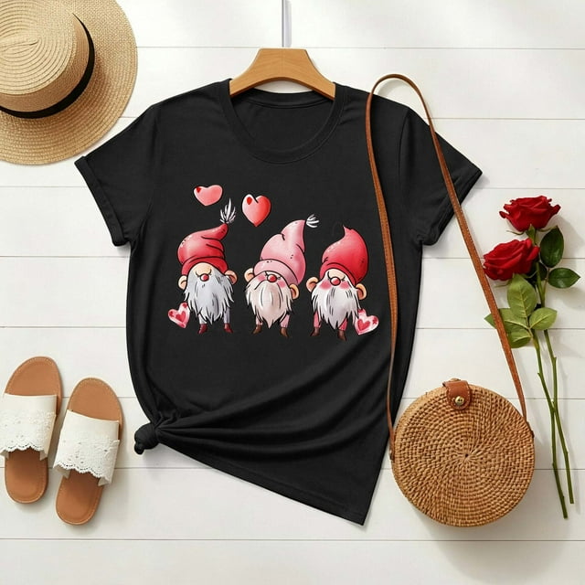 Nuoqisi T-Shirt à Manches Courtes et Col Rond Imprimé pour la Saint-Valentin pour Femmes, Haut à Motif Mignon pour Tenues Décontractées, T-Shirt Mode pour Dames
