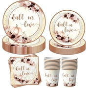 80pcs Fall Place Setting, Includes Disposable Tableware with Burgundy Flowers & Pumpkin Design, for Bridal Shower, Engagement, Anniversary, Autumn Themed Events