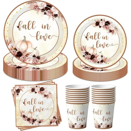 80pcs Fall Place Setting, Includes Disposable Tableware with Burgundy Flowers & Pumpkin Design, for Bridal Shower, Engagement, Anniversary, Autumn Themed Events