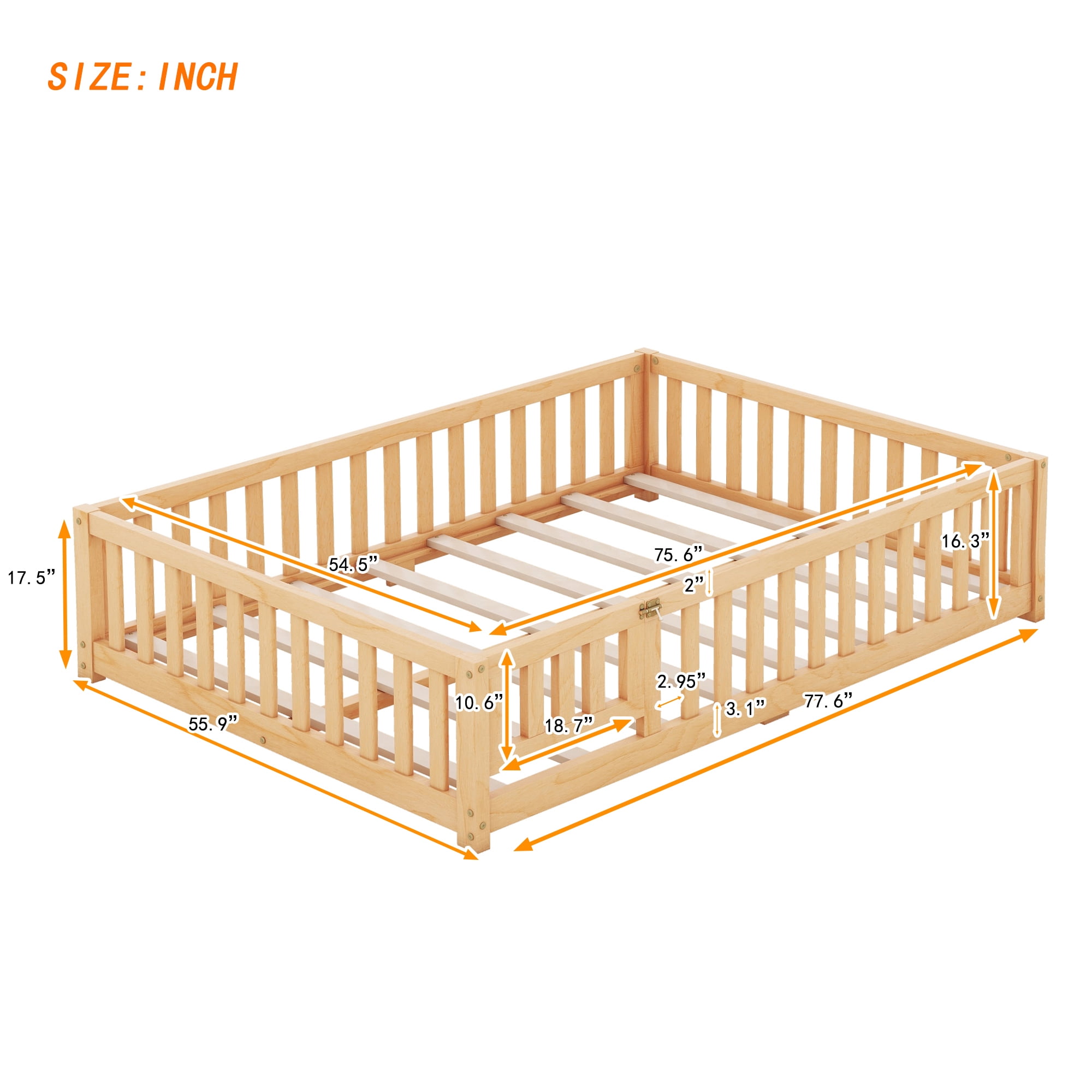 DEALTOPS Full Size Floor Bed with Safety Guardrails and Door Montessori Wood Bed Frame for Kids, Natural