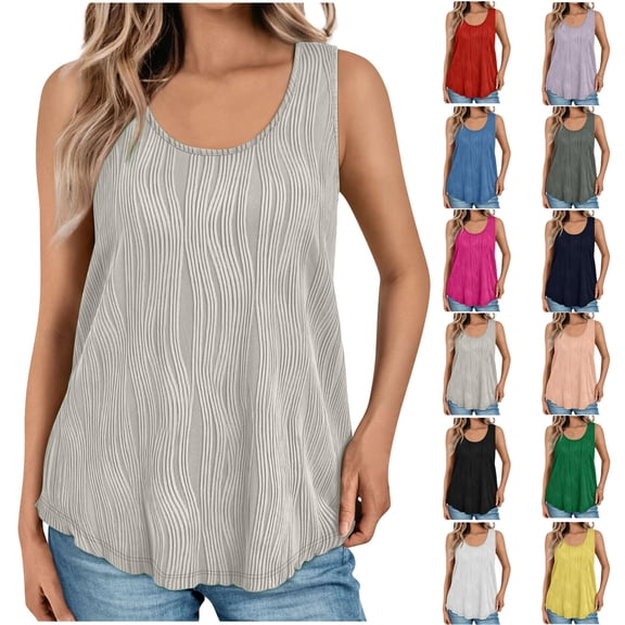 Women's Textured Sleeveless Tank Top, Summer Solid Color Scoop Neck Vest with Flowy Fit, Basic Casual Top for Daily Wear, Beach, and Travel, S-2XL