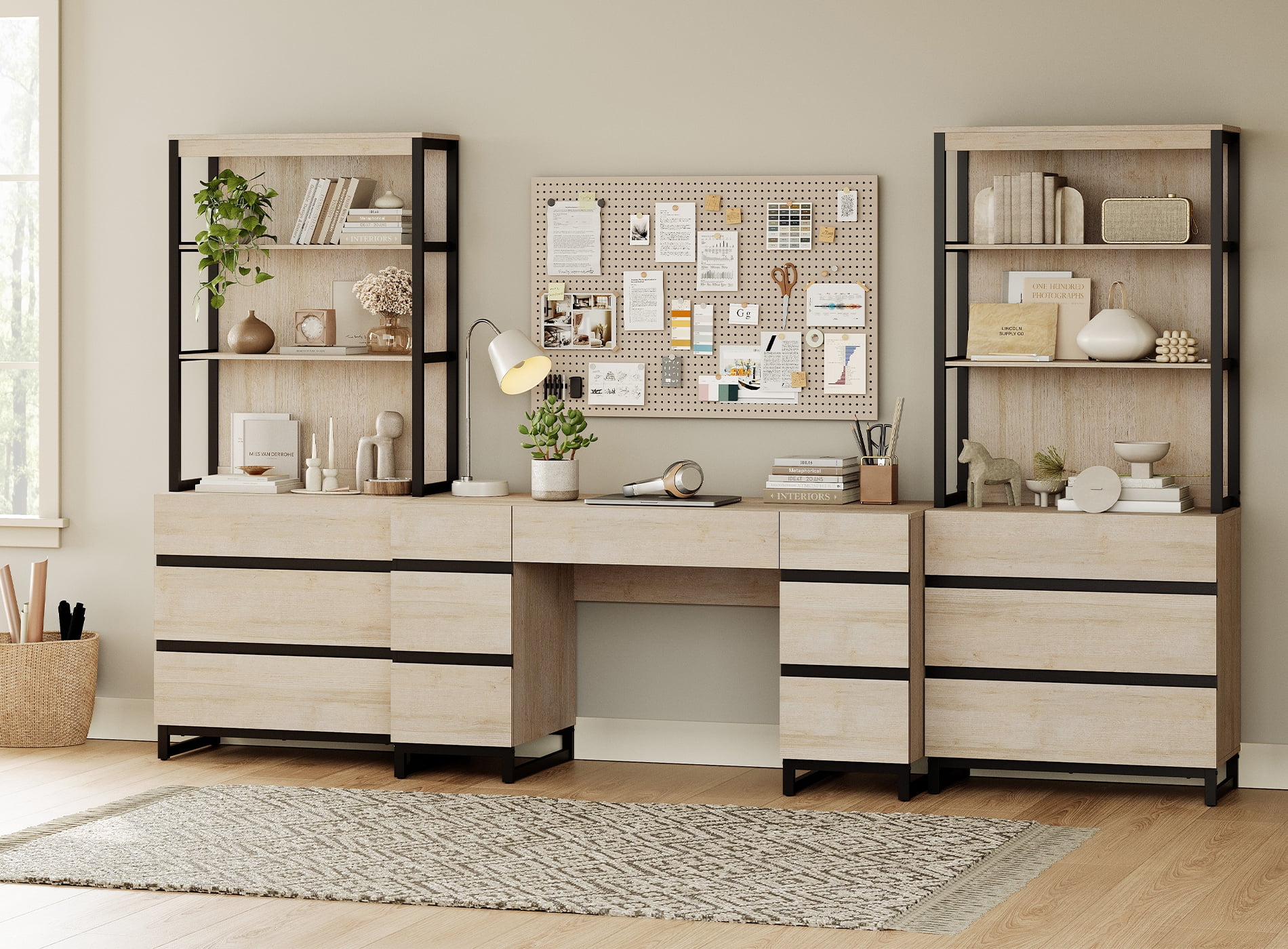 WAMPAT Home Office Furniture Set: 59in Modern Executive Desk with Charging Station and Drawers and 2 PCS 72in Tall Bookcases with 6 Drawers, Home Office Furniture for Living Room, Bedroom, Beige