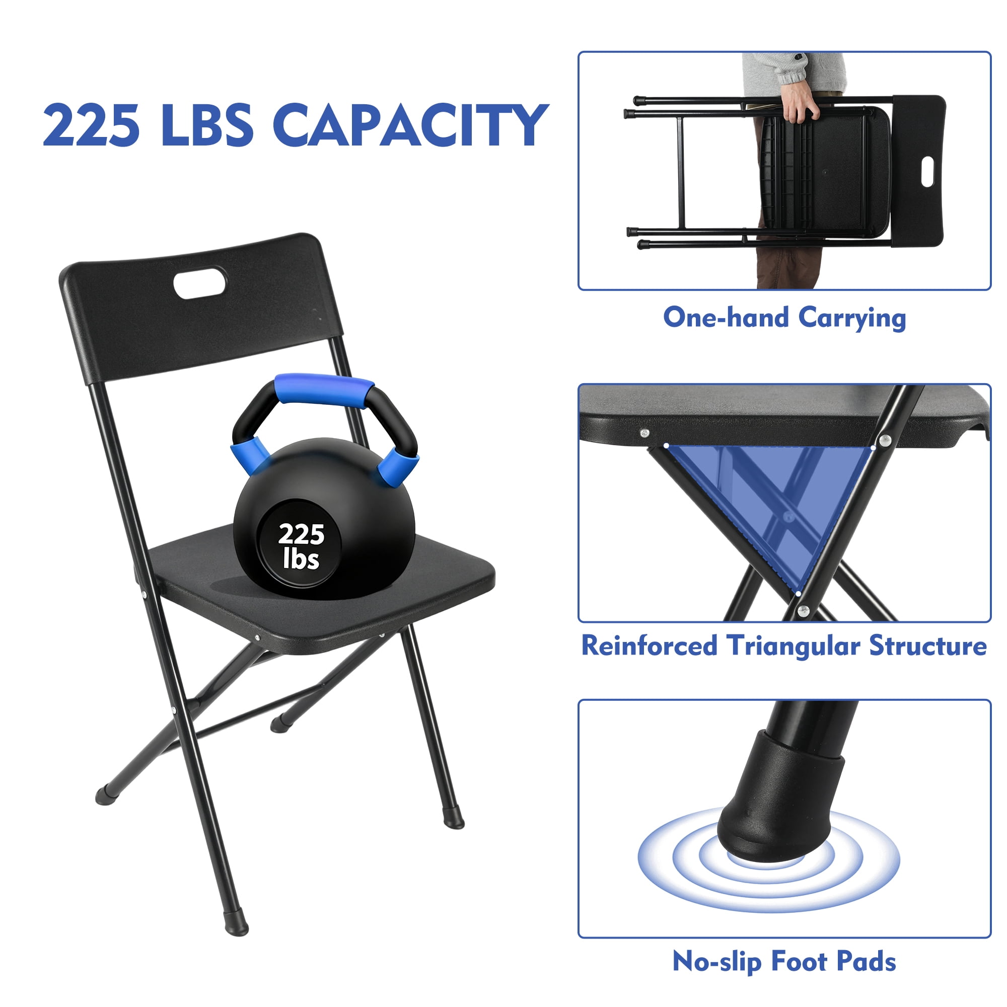(12 pack) Mainstays Resin Folding Chair with Carry Handle, Black, Set of 4
