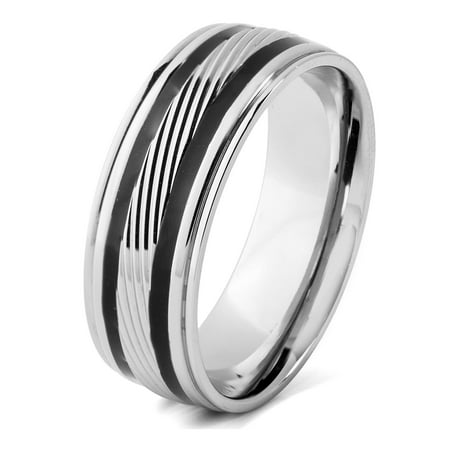 - Stainless Steel Black Stripes Diagonally Grooved Ring (8mm)