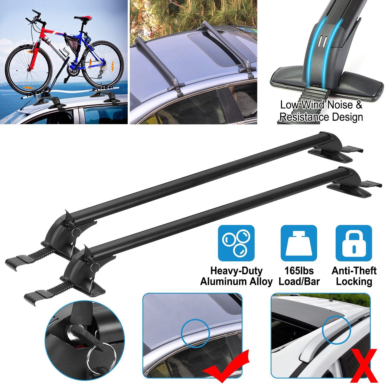 2PCS Universal 43"Car Roof Rack Cross Bars with Anti-Theft Lock Adjustable Aluminum Window Frame Crossbars for Bike Kayak Cargo Luggage