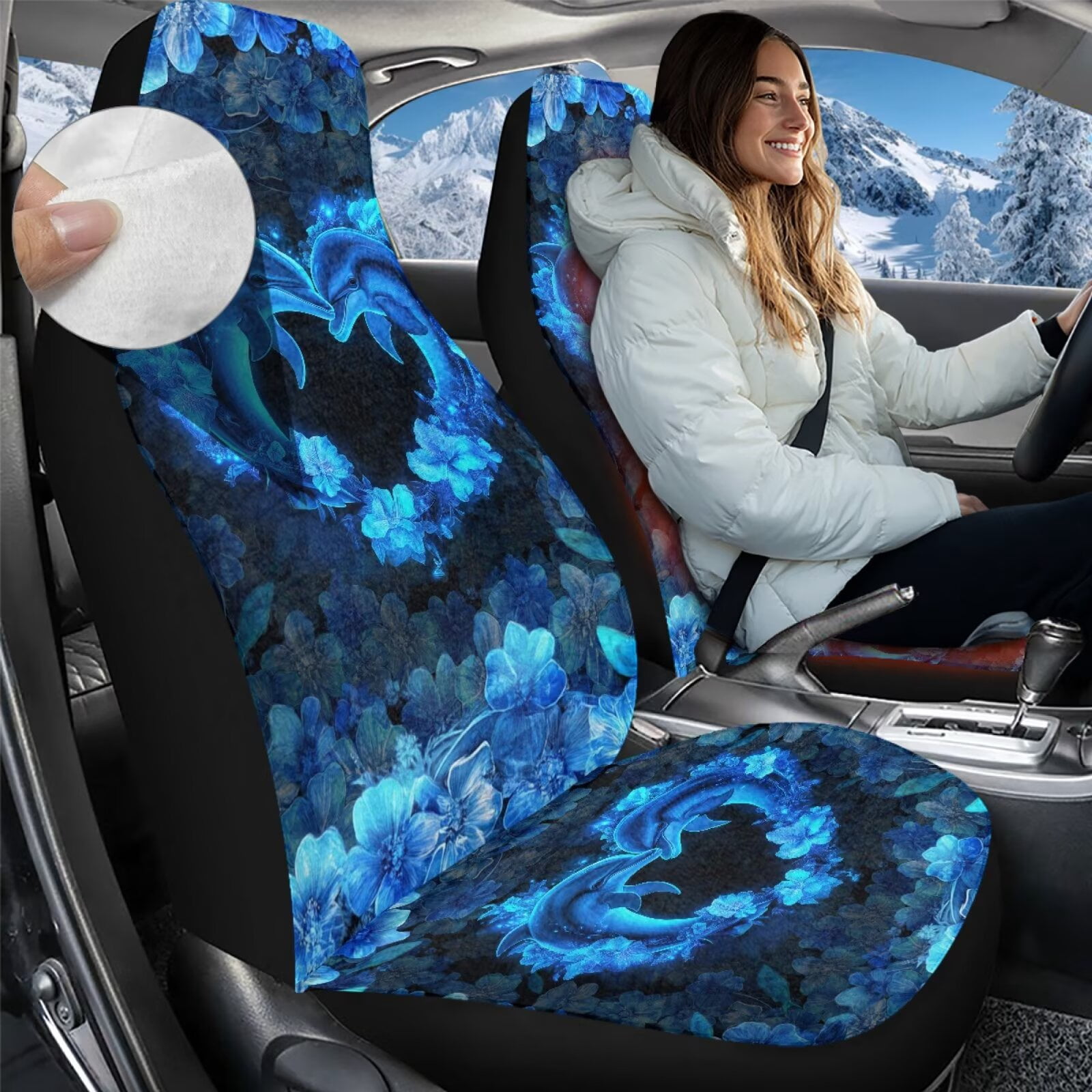 Uorisanigo Car Seat Cover, Auto Seat Covers Front Seats Only for Cars SUV Trucks Universal Fit, 2-Pack Flurry Blue Dolphin Car Seats Cushions, Soft and Comfortable