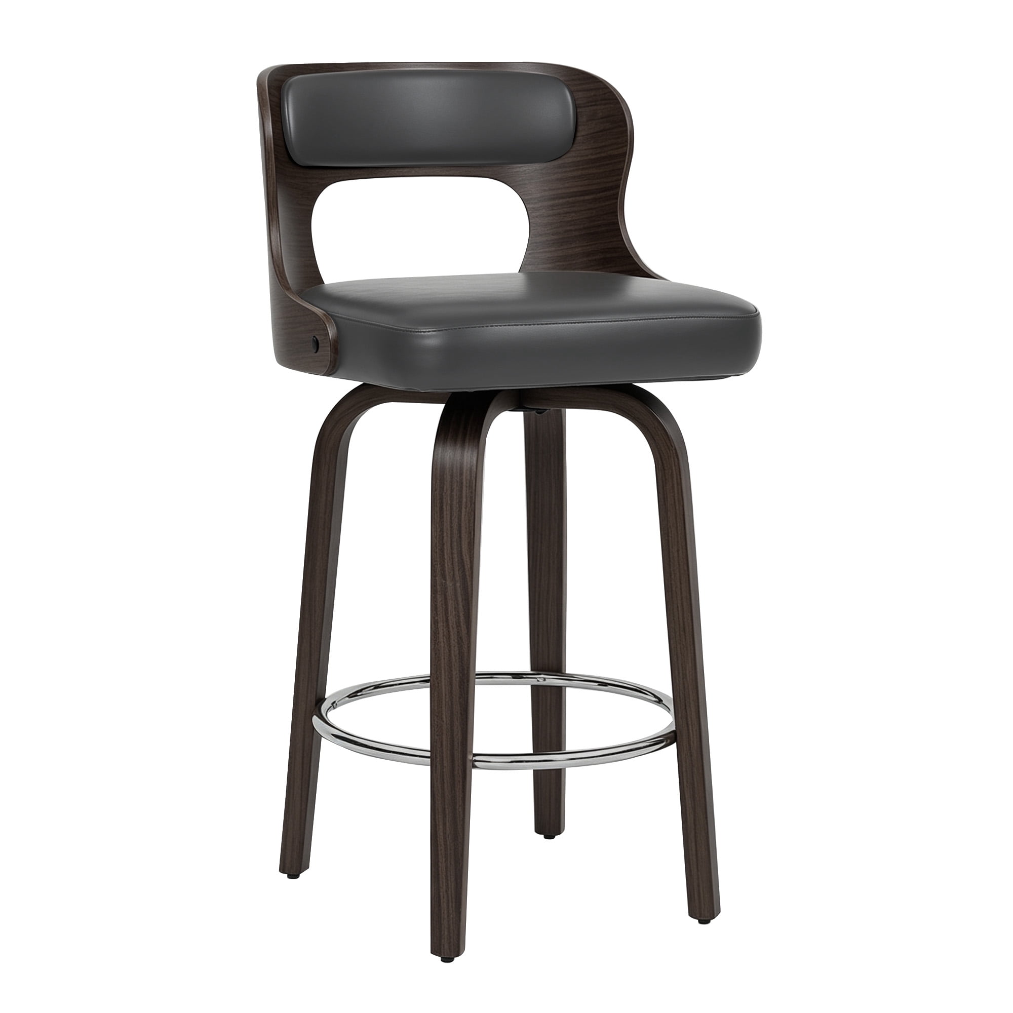 ClinQ 26 inch Swivel Bar Stools Set of 4, Counter Height Bar Chairs with Walnut Legs and Silver Ring Footrest, Upholstered Faux Leather, Black