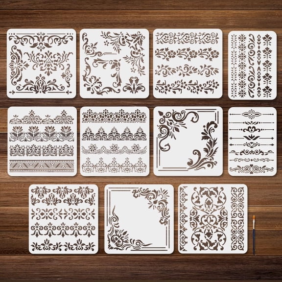 11Pcs Flower Border Stencil Set Vintage Corner Painting Stencils 11.8×11.8/11.7×8.3inch Reusable Mandala Drawing Template with Paint Brush for DIY Craft on Window Wood Wall Home Decor