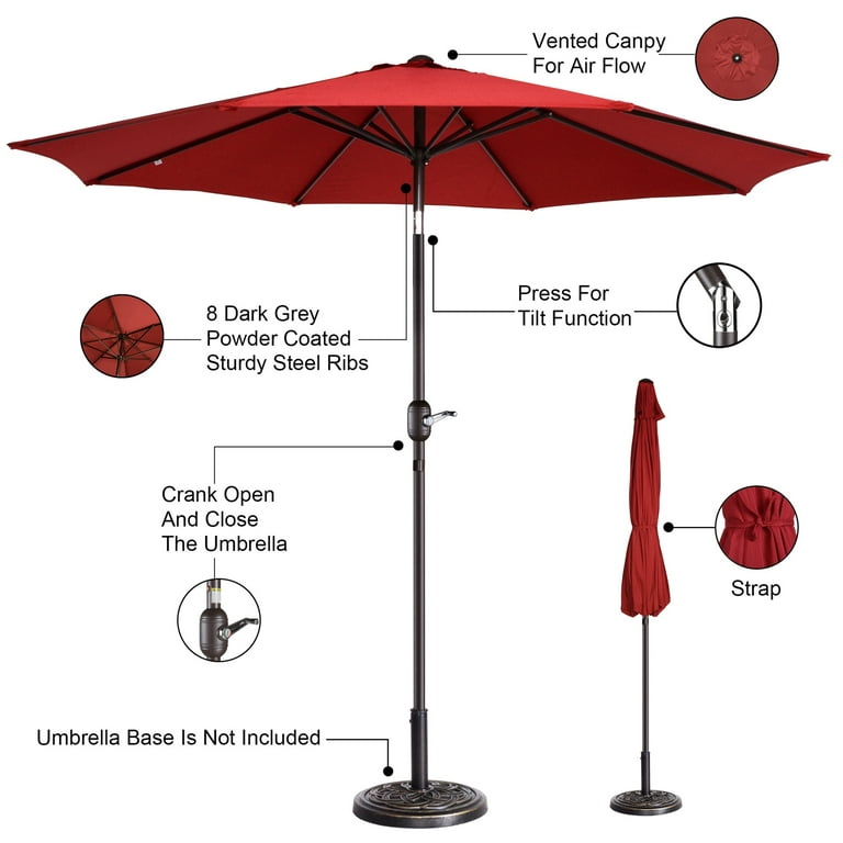 Villacera 9' Outdoor Patio Umbrella with 8 Ribs, Aluminum Pole and Auto Tilt, Fade Resistant Market Umbrella, Red