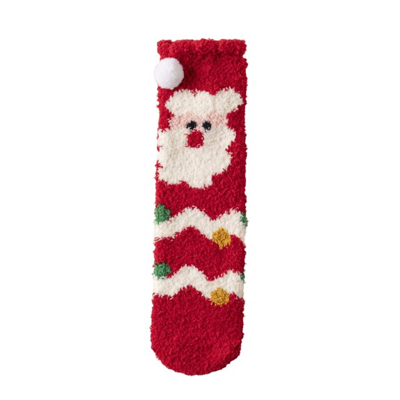 Women Pom‑pom Decor Santa Fuzzy Christmas Socks, Thick Coral‑Fleece Warm Mid‑Calf Floor Socks, Fluffy Indoor Lounge Socks for Holiday Daily Outfits,One Size