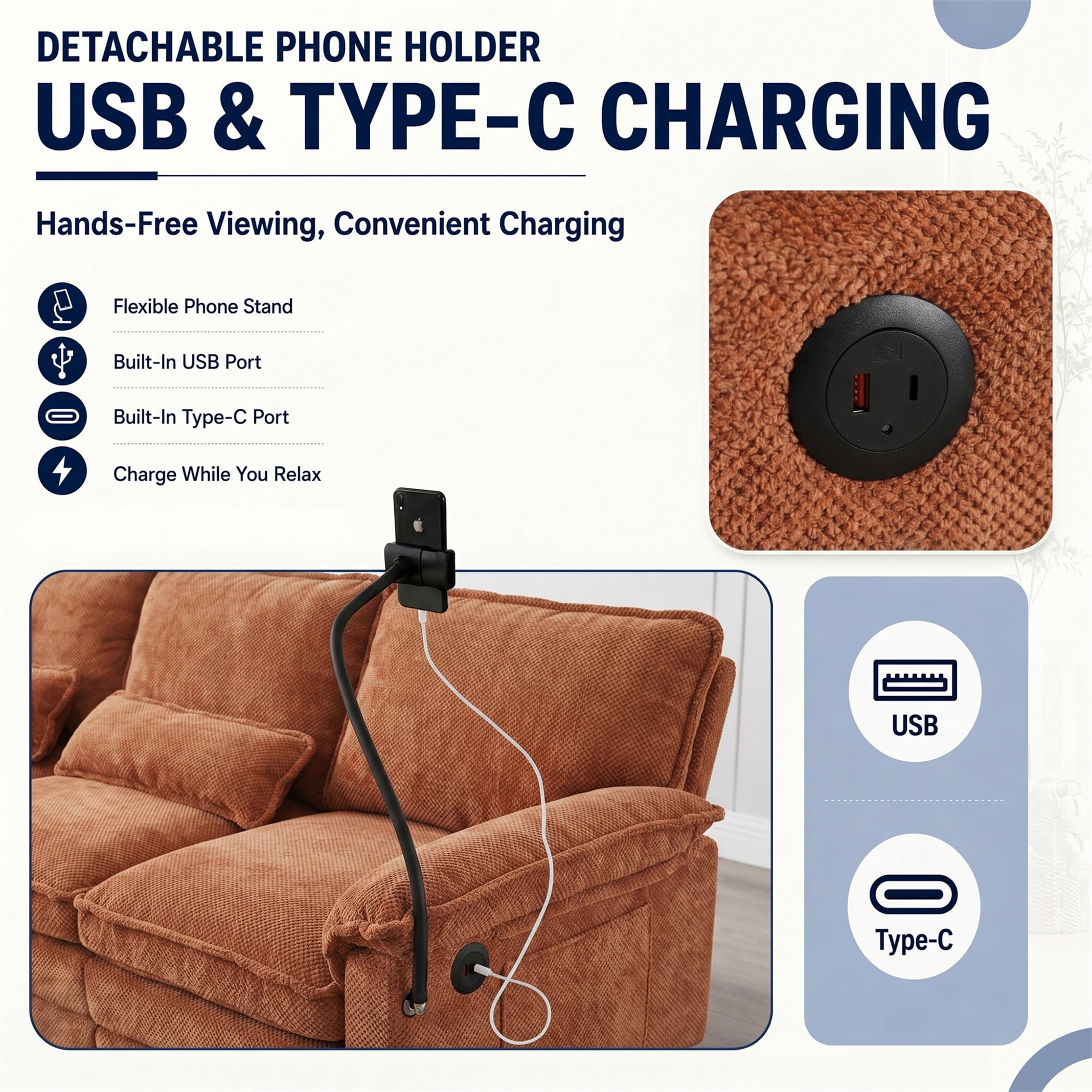 Aukfa 106" Sectional Sofa Deep Seat U shape Couch for Living Room, USB&Type-C Ports, 4 Lumbar Pillows, Storage Ottoman, Overstuffed Chenille, Orange