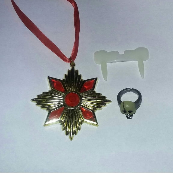 Dracula Accent Costume Kit Medallion Glow in the Dark Plastic Fangs Skull Ring