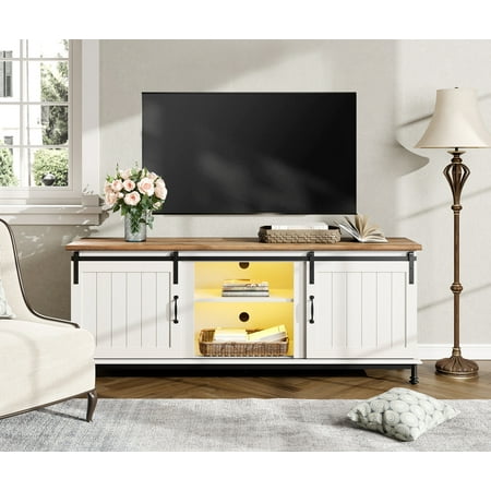 WAMPAT Farmhouse TV Stand with Yellow Led Lights, Entertainment Center with Sliding Barn Door for 80 90 100 110 Inch TV, Wood Console Table Storage Cabinet for livingroom