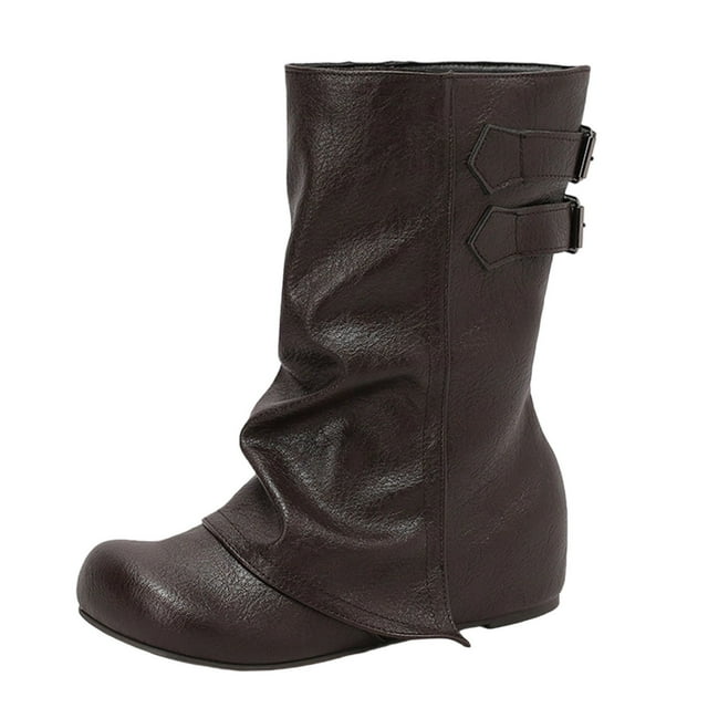 LOVZFMLL Bottes pour Femmes Mi-Mollet Bottes Stovepipe Boucle Bout Rond Antidérapantes Talon Plat Décontractées Automne Hiver Chaussures Mode