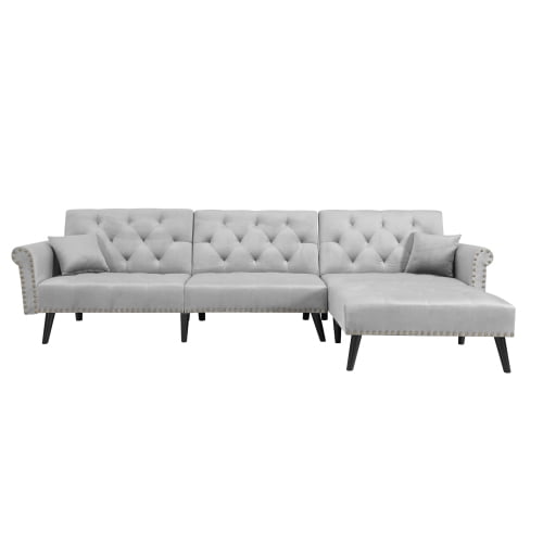 Teamme Mid Century Sectional Sofa Bed L Shaped Velvet Convertible Tufted English Roll Arm Sleeper Nailhead Trim Light Gray Com Teamme Mid Century Sectional Sofa Bed, English Roll Arm Sofa