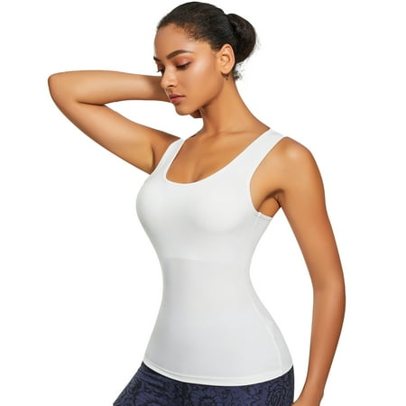 

Eleady Women Sport Shirts Fitness Activewear Built in Bra Racerback Yoga Athletic Tops Sleeveless Workout Tank Tops(White Small)