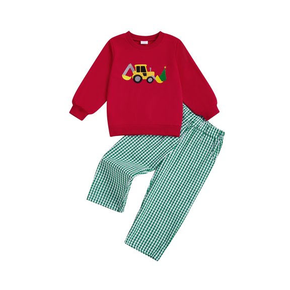 RUINIXCW Toddler Baby Boy Christmas Outfit Kids Baby Boy Fall Winter Clothes Excavator Tree Embroidery Long Sleeve Pullover Sweatshirt and Plaid Pants 2 Pcs Set