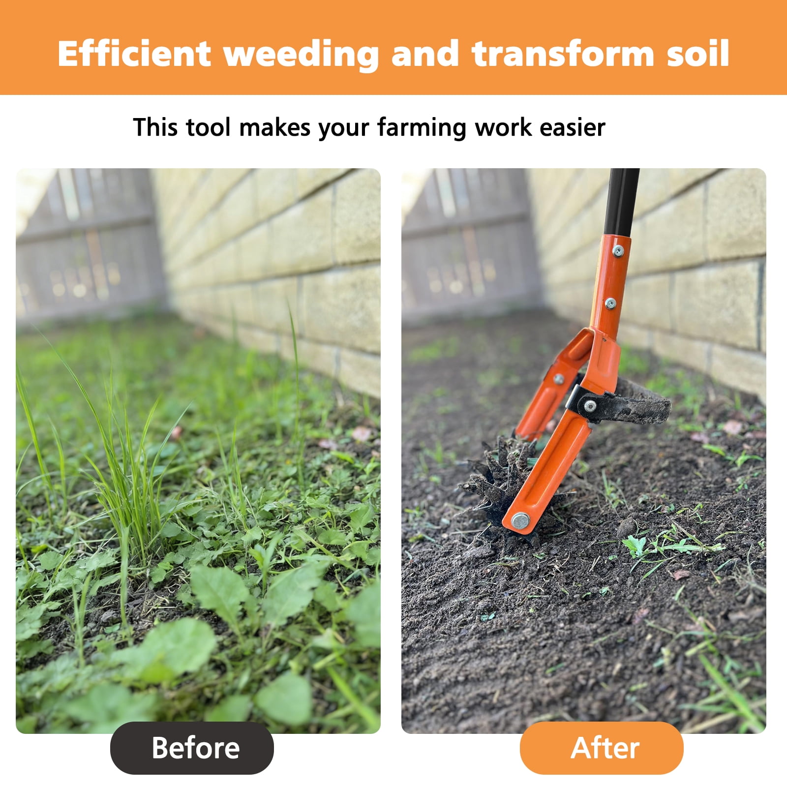 ROMUCHE Rotary Cultivator, Adjustable Long Handle Hand Tiller with Star Tines, 2-in-1 Manual Weeder for Lawn Care & Soil Mixing