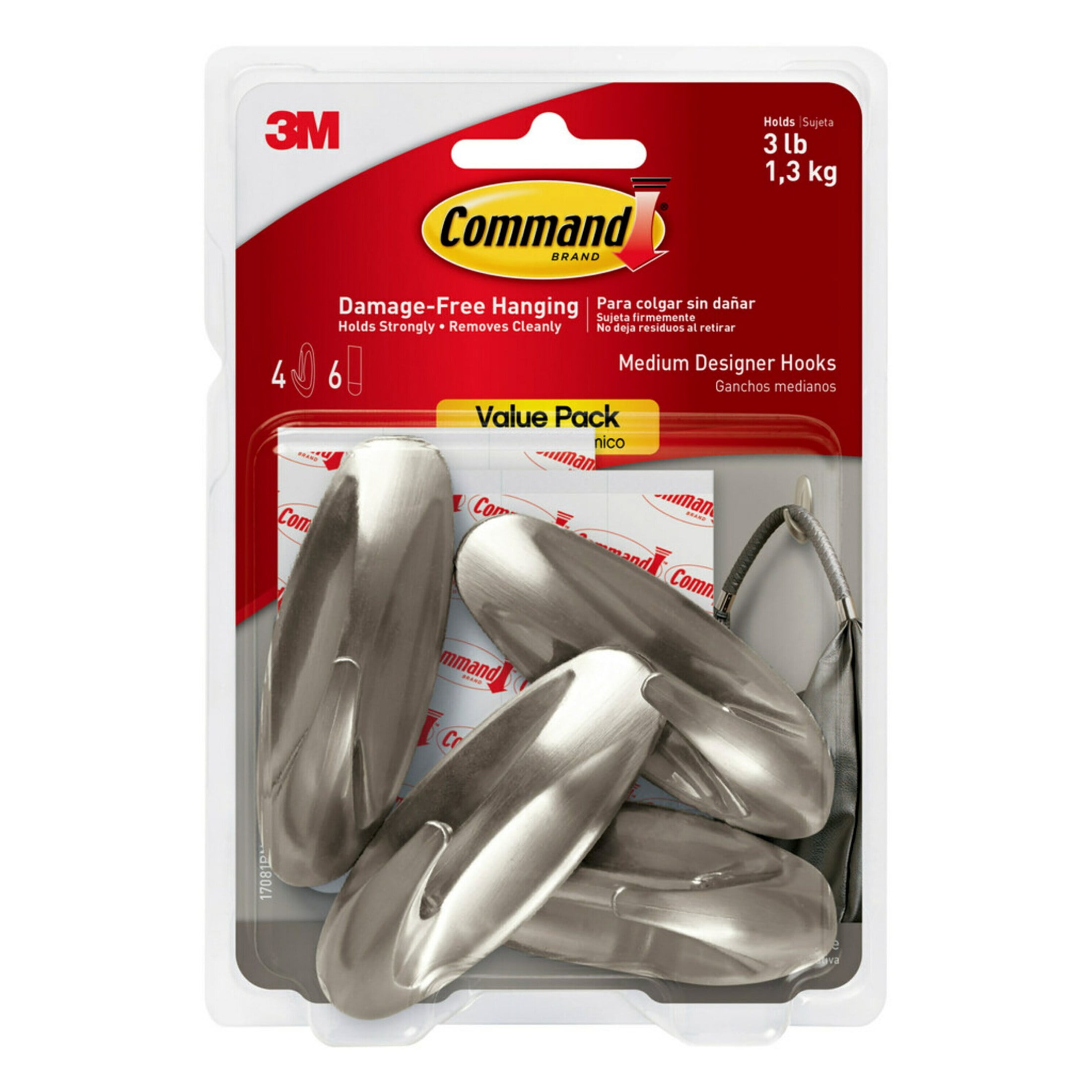 (3 pack) Command Medium Designer Hooks, Brushed Nickel, 4 Wall Hooks