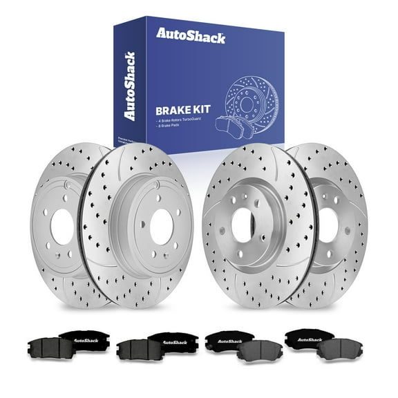 AutoShack Front Vented & Rear Vented Drilled & Slotted Coated Brake Rotors Silver Matte Finish   Premium Ceramic Pads 12-PC Brake Kit Replacement for 2010-2017 Chevrolet Equinox TurboGuard