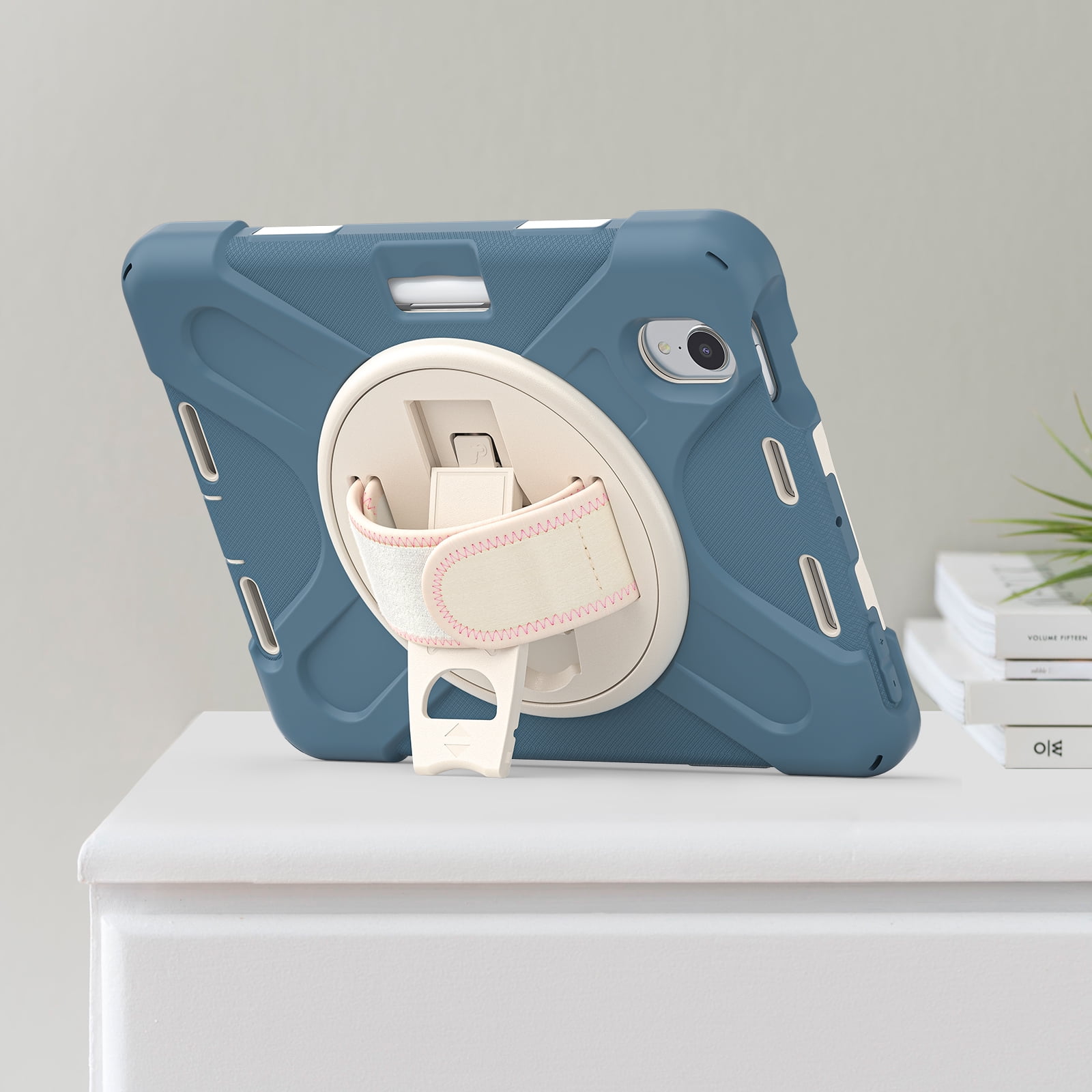 Portable Rugged Case for 2021 Apple iPad Mini 8.3" (6th Generation 2021 Release) - Rotating Stand Case with Adjustable Hand/Shoulder Strap, Built-in Pencil Holder, Shockproof Hard Cover (Dark Blue)