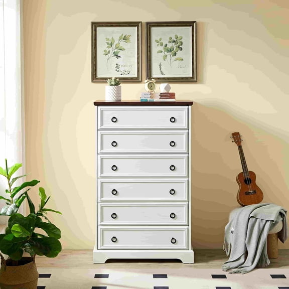 White Tall 6-Drawer Dresser – Modern Chest of Drawers with Easy Pull Handles & Textured Borders | Bedroom & Living Room Storage Organizer