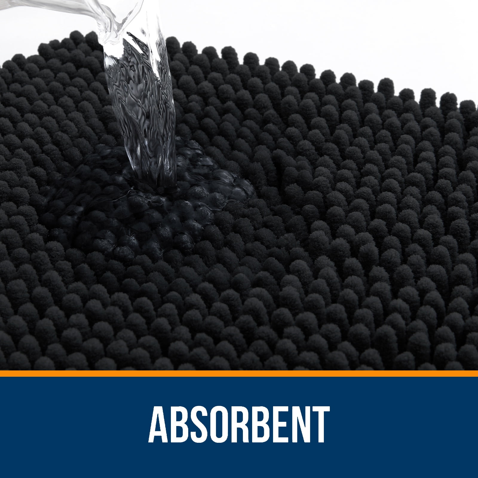 Buganda Bathroom Rugs 34x21, Quick Dry Machine Washable Chenille Bath Mats with Rubber Backing, Black