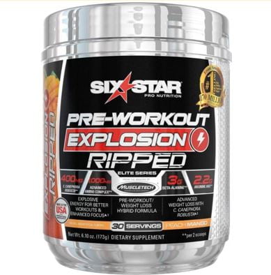 Six Star Pro Nutrition Ripped Pre-Workout + Weight Loss Powder, Peach Mango, 30 Servings