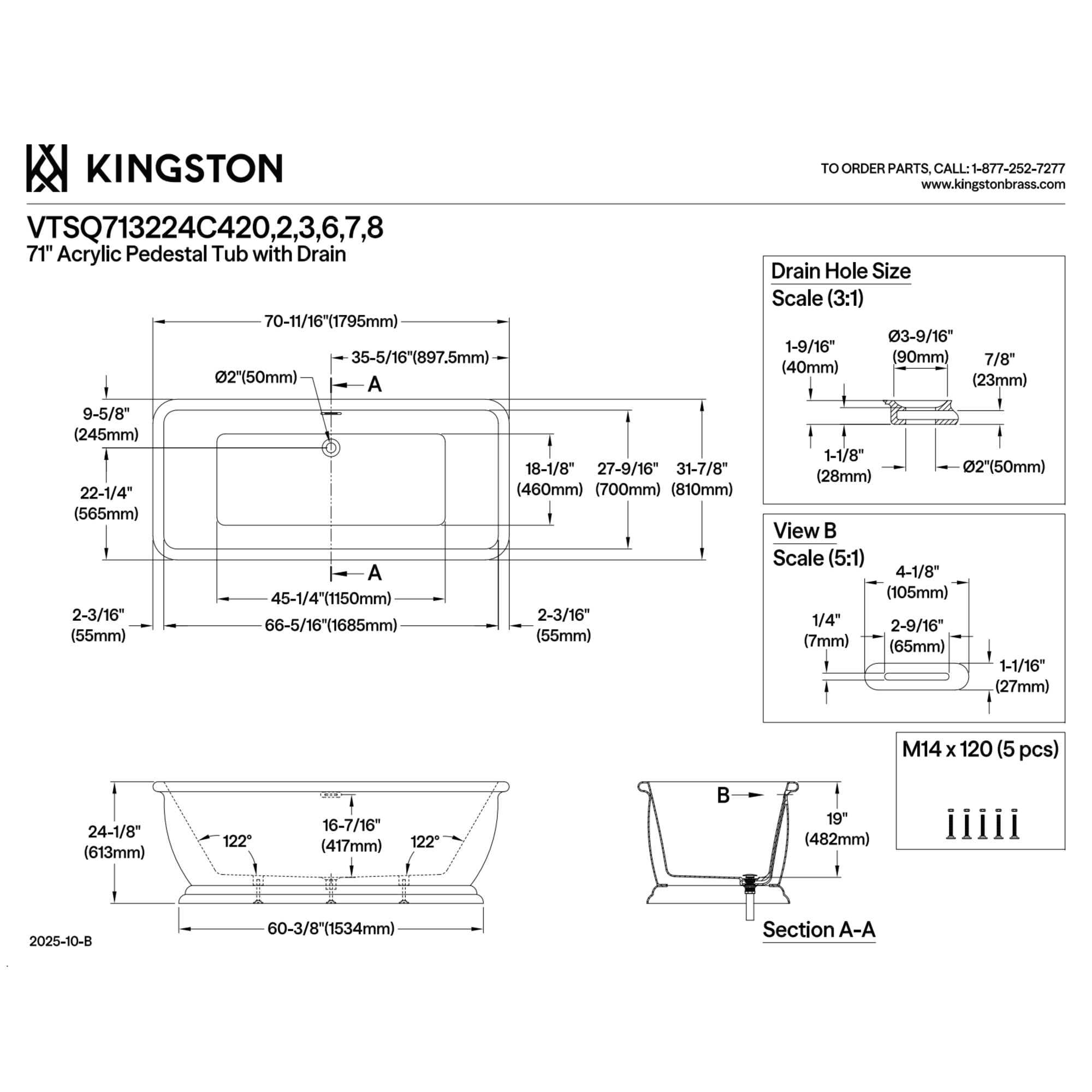 Kingston Brass VTSQ713224C427 71-Inch Acrylic Oval Rectangular Double Ended Pedestal Tub with Drain (No Faucet Drillings) in Glossy White/Brushed Brass