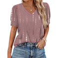 thumbnail image 2 of NMMUED Womens Casual Tops V Neck Summer Shirts Floral Print Short Puff Sleeve Blouse Loose Fit Boho Basic Tees Button Cuffs Trendy Dressy Work Office Outfits Hot Pink S, 2 of 8