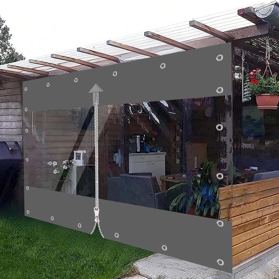 TOPCHANCES Clear Vinyl Curtains with Zipper Entry, Heavy Duty Waterproof PVC Clear Tarp with Grommets, Outdoor Clear Panel Curtain for Porch, Pergola, Gazebo, Patio, Enclosure (8'H x 8'W, Gray)