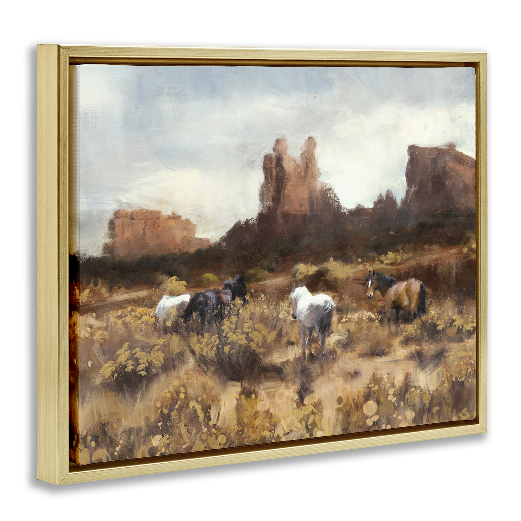 Stupell Industries Desert Horses Landscape Landscape Painting Gold Floater Framed Canvas Art Print Wall Art, 21 x 17