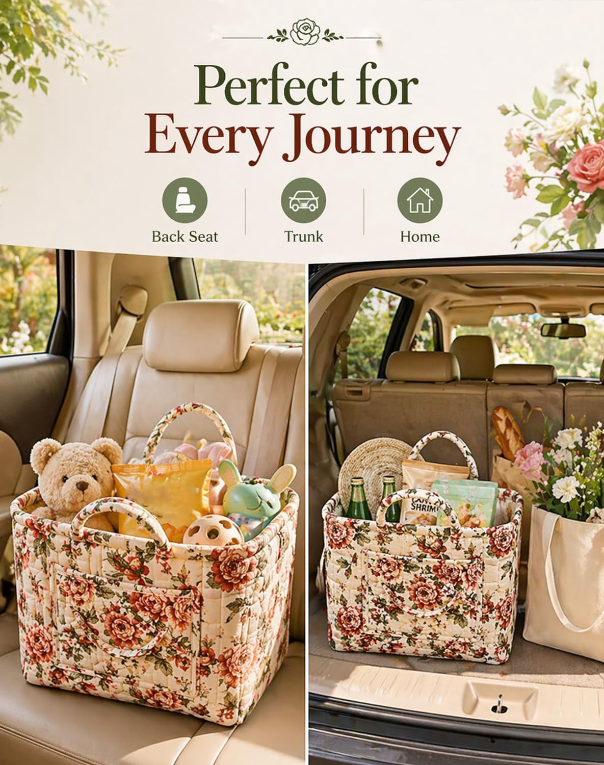 Car Storage Basket Organizer, Large Capacity Foldable Car Organizer with Handles, Quilted Fabric Auto Storage Bin for Trunk, Back Seat, Road Trips, Groceries, Toys & Accessories (Style-A)