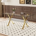 thumbnail image 2 of Dining table. Modern tempered glass dining table. Large modern office desk with gold plated metal legs and gray MDF crossbars, suitable for both home and office use. Kitchen. 71 ''x35.4''x30 '' 1105, 2 of 6