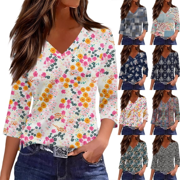 Womens 3/4 Length Sleeve V Neck T Shirts Vintage Floral Printed Casual Daily Wear Tunic Tops White L