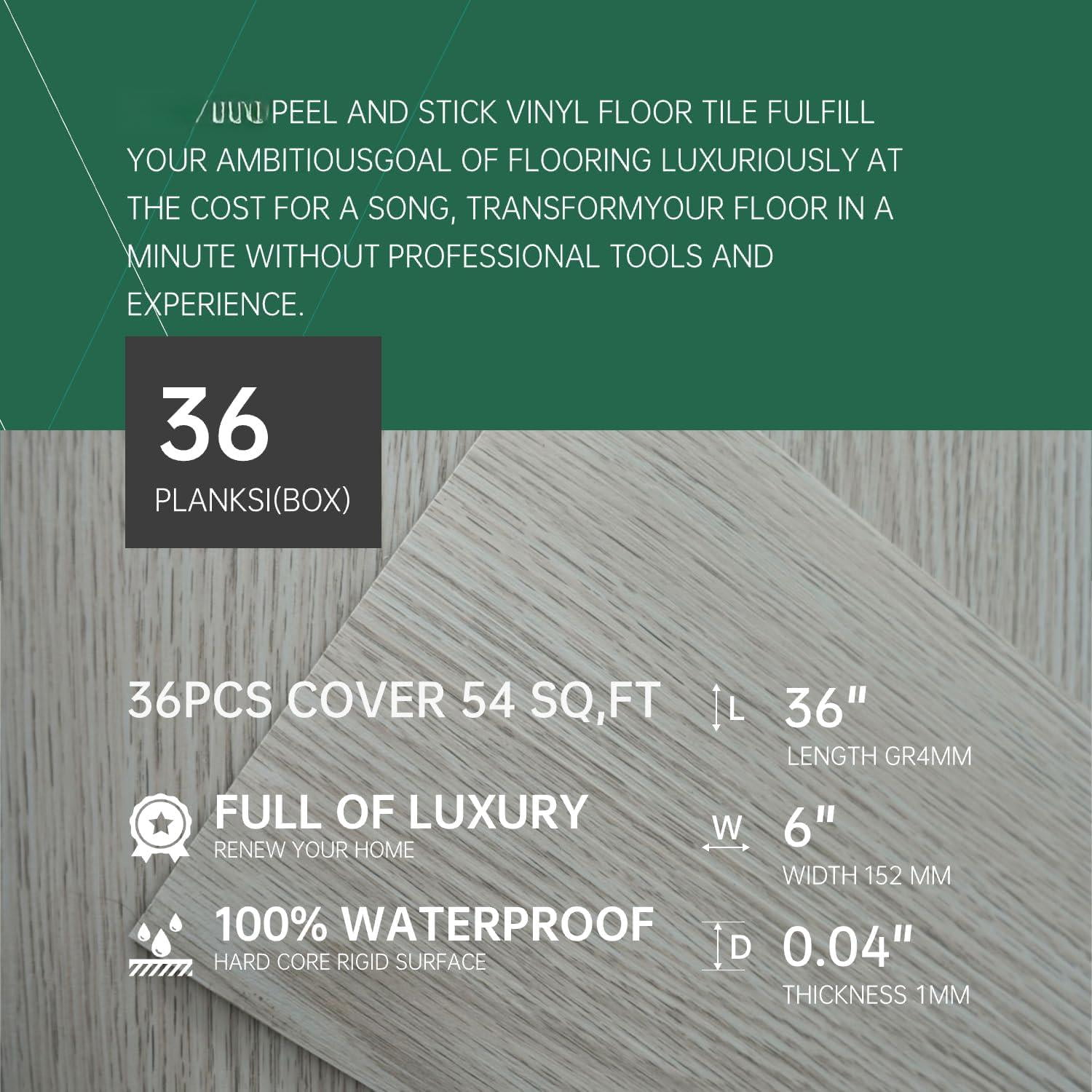 Peel And Stick Vinyl Flooring 36 Pack 54 Sq.ft  Waterproof For Office Living Room Bathroom Kitchen - Design Easy To Install Floor White Washed