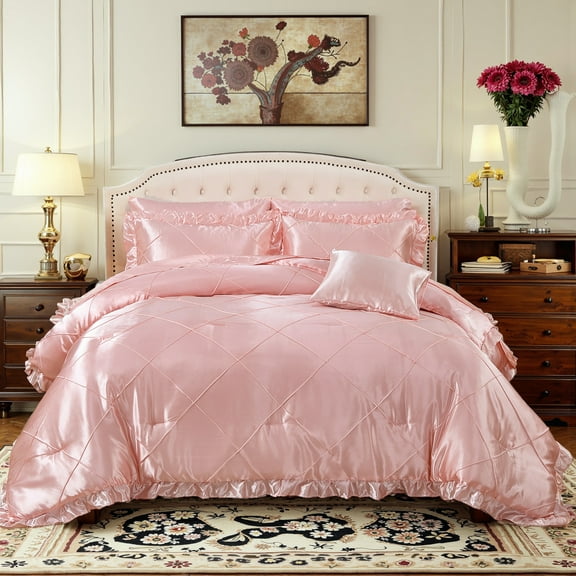 Satin Comforter Set King Beige Sheet Set Silk Like Bedding Set Silky Bed in a Bag 8 Pcs Pinch Pleat Bed Set Home Decor Luxury Hotel Silky Ruffle Comforters with 1 Cushion Cover