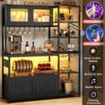 thumbnail image 6 of Itaar Bakers Rack with Power Outlet and LED Light, 45.3 Inch Farmhouse Coffee Bar Cabinet, Kitchen Microwave Stand with Storage, Glass Cabinet, Goblet Holder and 8 Hooks, Black, 6 of 7