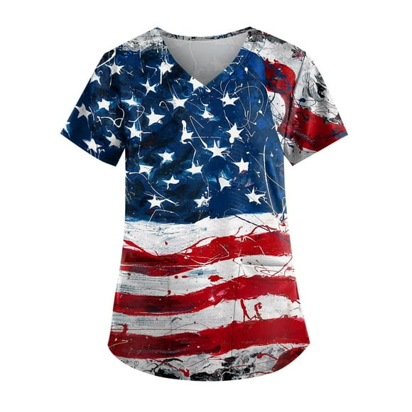 Lenago Summer Plus Size Tops for Women Casual Spring Independence Day Women's V-Neck Casual Short Sleeve Printed Pockets Ladies Tops Blouse Uniform 4th of July Outfits for Women