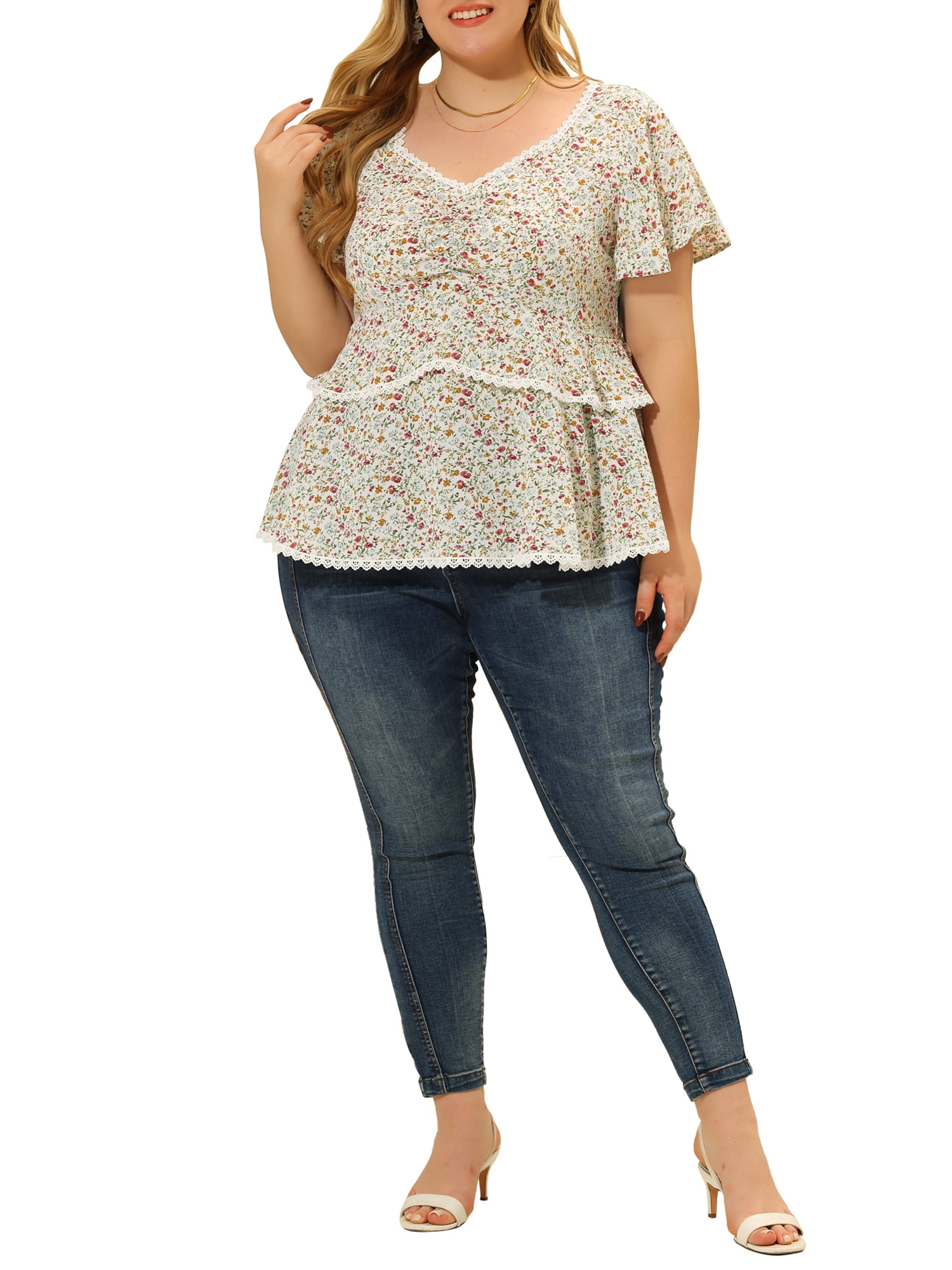 Unique Bargains Women's Plus Size Tiered Blouse Floral Babydoll Sweetheart Ruffle Top