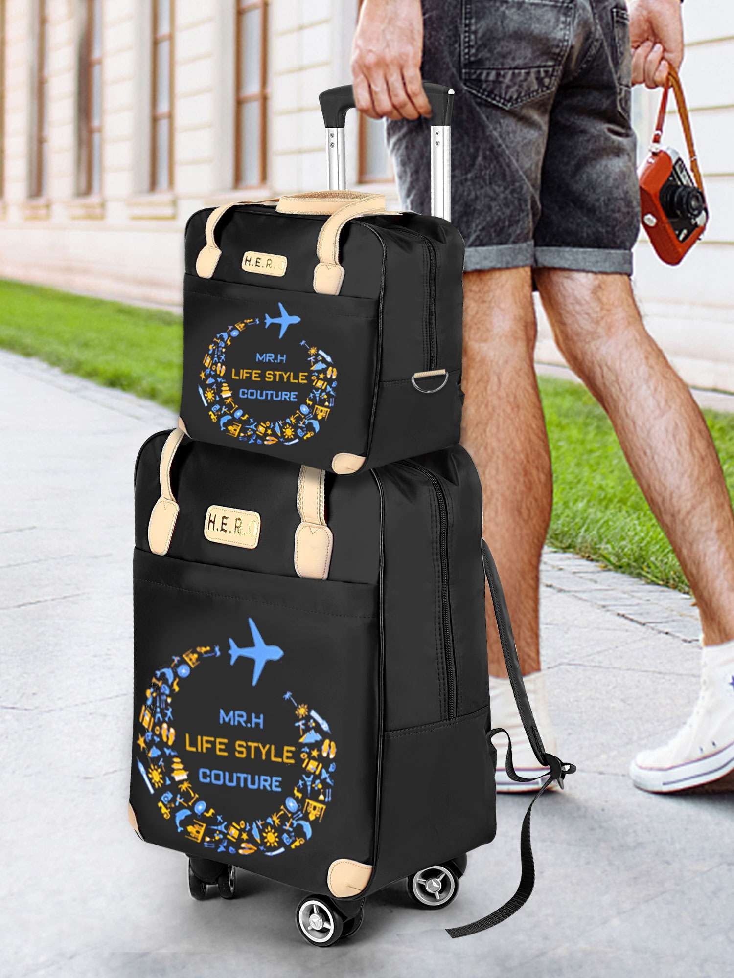 PULLIMORE 2PCS Carry-On Luggage Set 360° Spinner 4-Wheels，for Travel,Vacation,Camping,Business Trip (Blue)